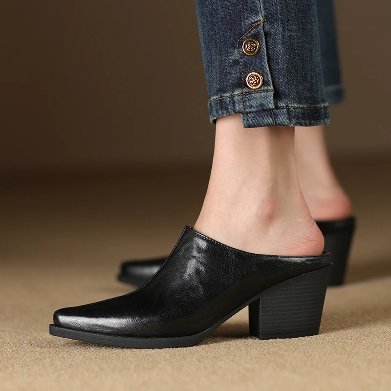 2025 New Spring Summer Leather Mules High Heels Women Shoes