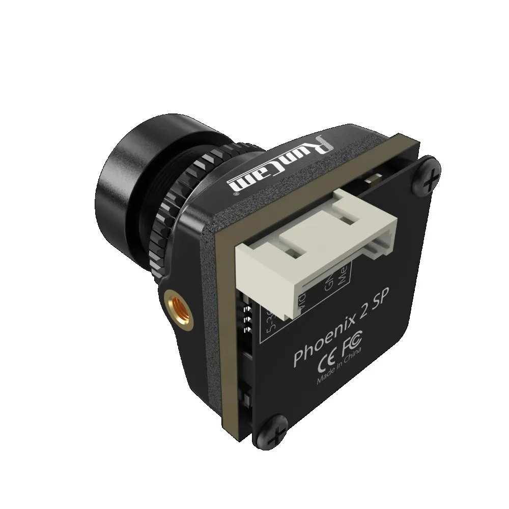 Vue latérale de la RunCam Phoenix 2 SP V3 avec connecteurs et câbles visibles