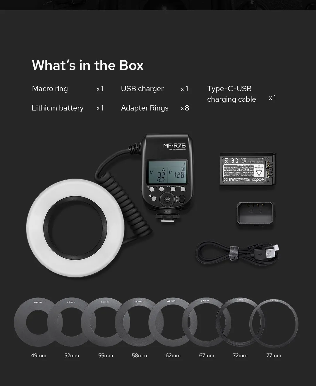 Godox MF-R76 RING76 5000K Macro LED Ring Light Speedlite Flash Light for Canon