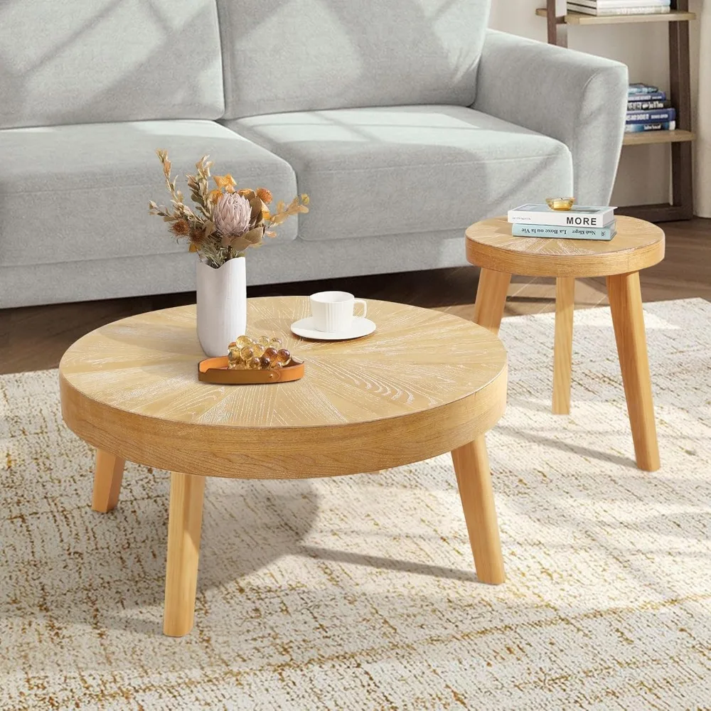 Farmhouse Round Coffee Table Set of 3, Boho Sofa Side Nesting Tables End Table Set with Wood Natural Finish for Living Room, 3