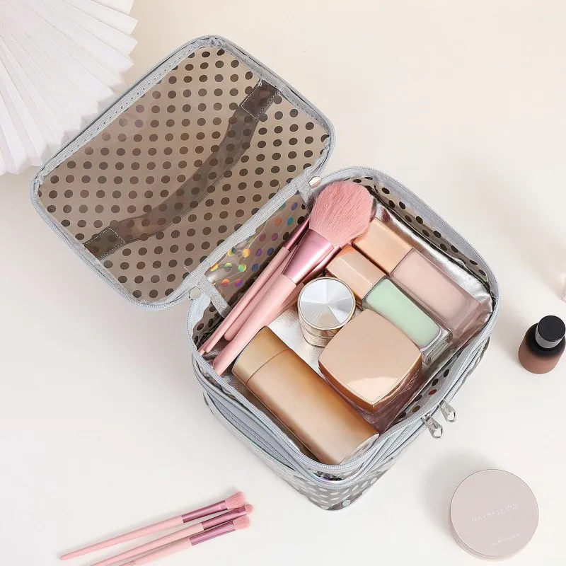 Polka dot transparent PVC double layer makeup bag Multi-functional portable waterproof makeup case large capacity travel storage 5