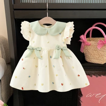 Summer Toddler Dress Cute Doll Collar Flower Embroidered Bow Princess Dress for Baby Girl 0-2 Years Old 1