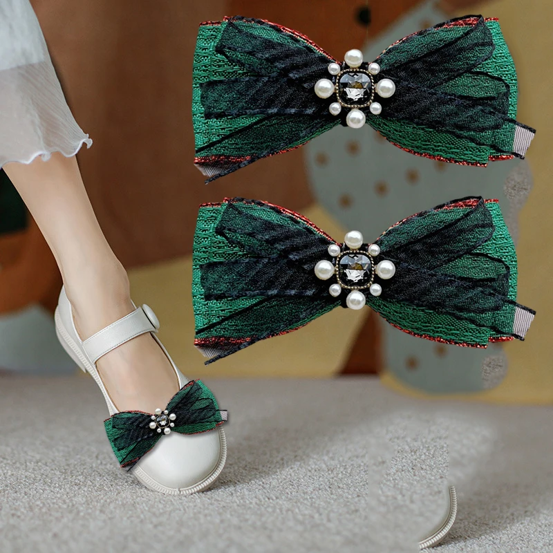 

Green Bow Shoe Clips Rhinestone Pearl Shoe Embellishment Detachable Women Shoe Buckle Classic Shoe Decor for Flats Pumps 2 Pcs
