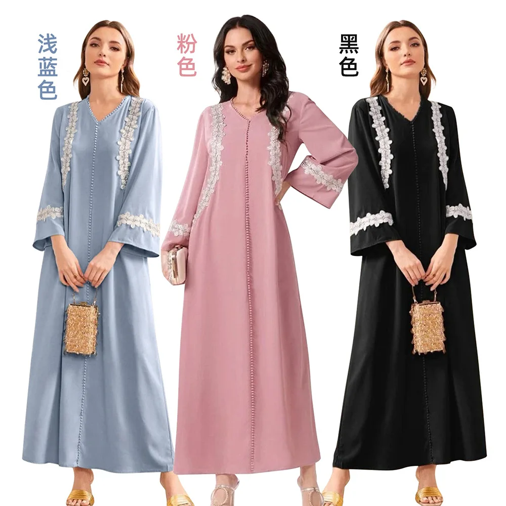 

Абайя с кружевной аппликацией, мусульманское однотонное платье, длинный халат, марокканский кафтан, Элегантное повседневное платье с V-образным вырезом, женская одежда на Ближний Восток