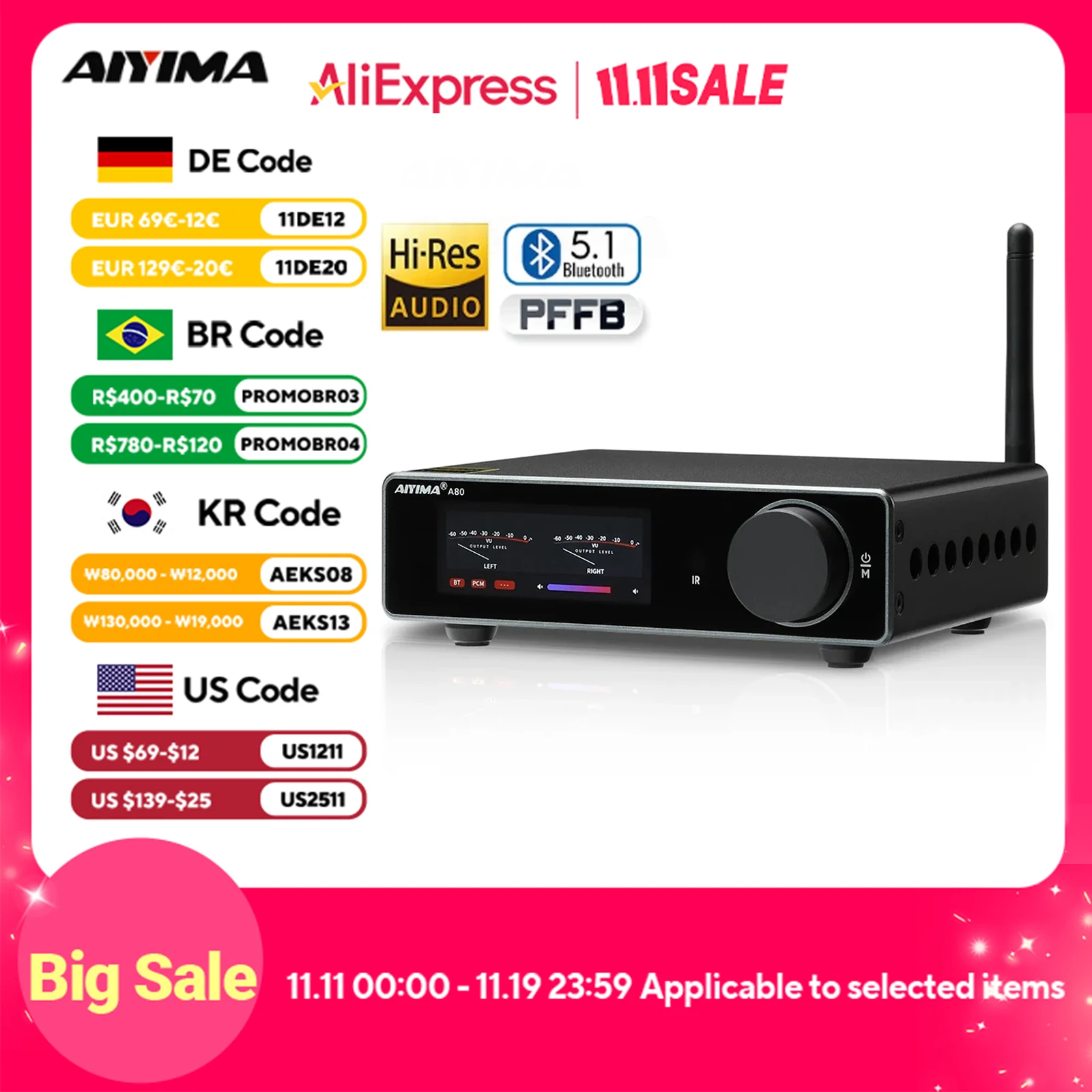 AIYIMA A80 TPA3255 PFFB Bluetooth DAC Stereo Power Amplifier