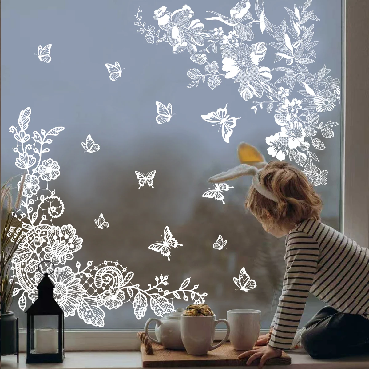 Elegant White Flower and Butterfly Lace Static Cling Window Decals