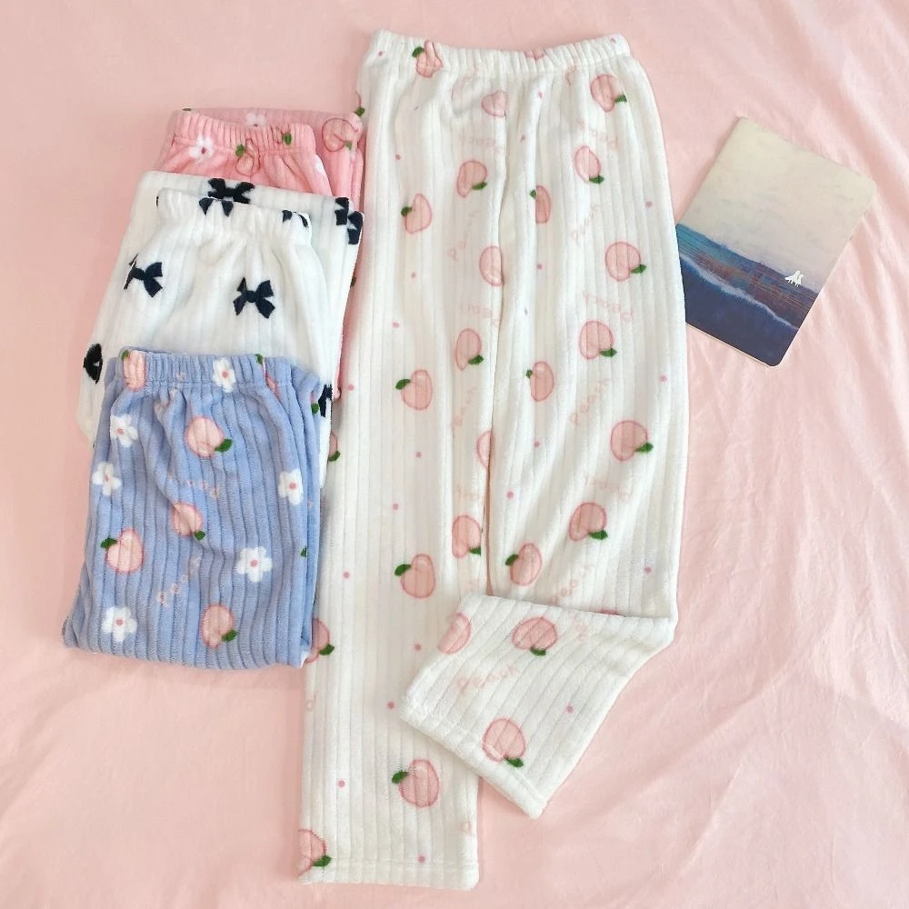 Kawaiii Bowknot Peach Pajama Pants Nightwears Loose Coral Fleece Pants Sweet High Waist Flower Fleece Trousers Daily