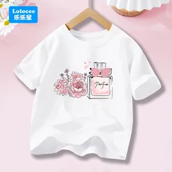 Elegant Floral Perfume Bottle Graphic Tee for Girls - Summer Short Sleeve Cotton Top (WHITE)