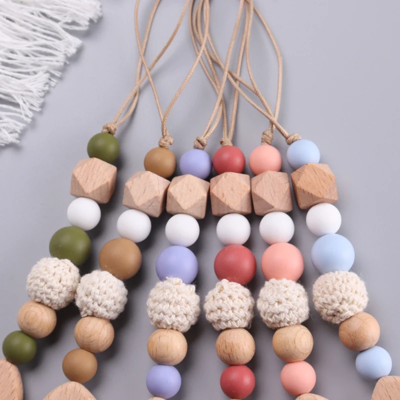 Baby Wooden Pentagram Pacifier Holder Clip Wood Crochet Bead Silicone Soother Teething Nursing Chew Toy Newborn Dummy Chain