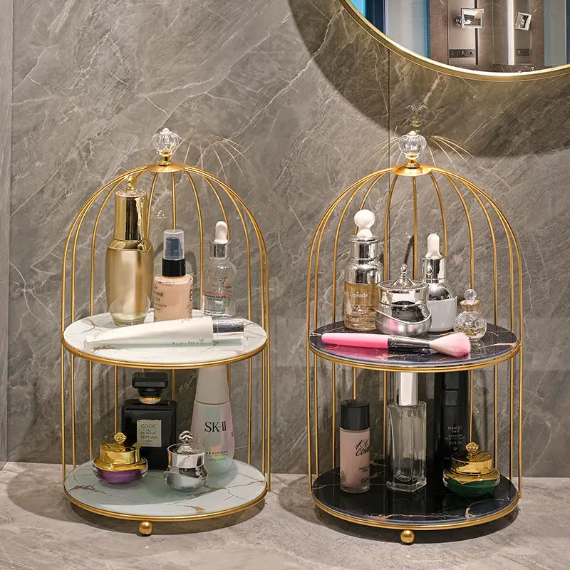 Iron Art Cosmetic Shelf Makeup Organizer Dressing Table Lipstick Perfume Makeup Storage Shelf Bathroom Iron Bird Cage Holder