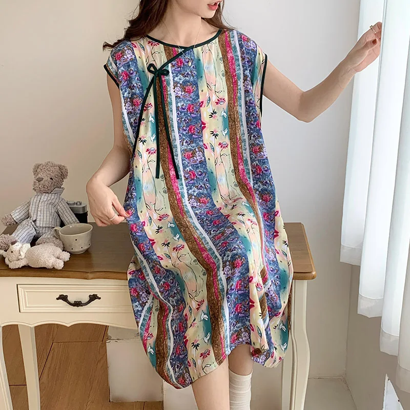 New Chinese Style Colorful Printed Dress Women's Round Neck Sleeveless Nightgown Summer Thin Cotton Home Wear Clothing for Lady