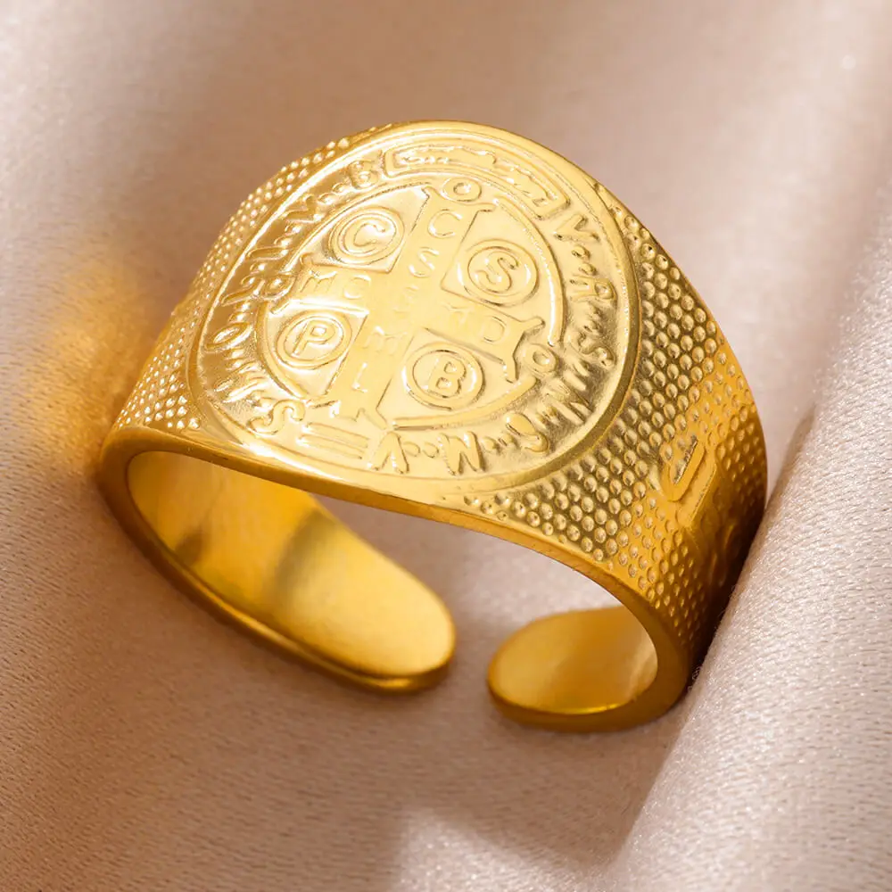 Stainless Steel Cross Rings Engraved Gold Plated Finger Ring Women 18k