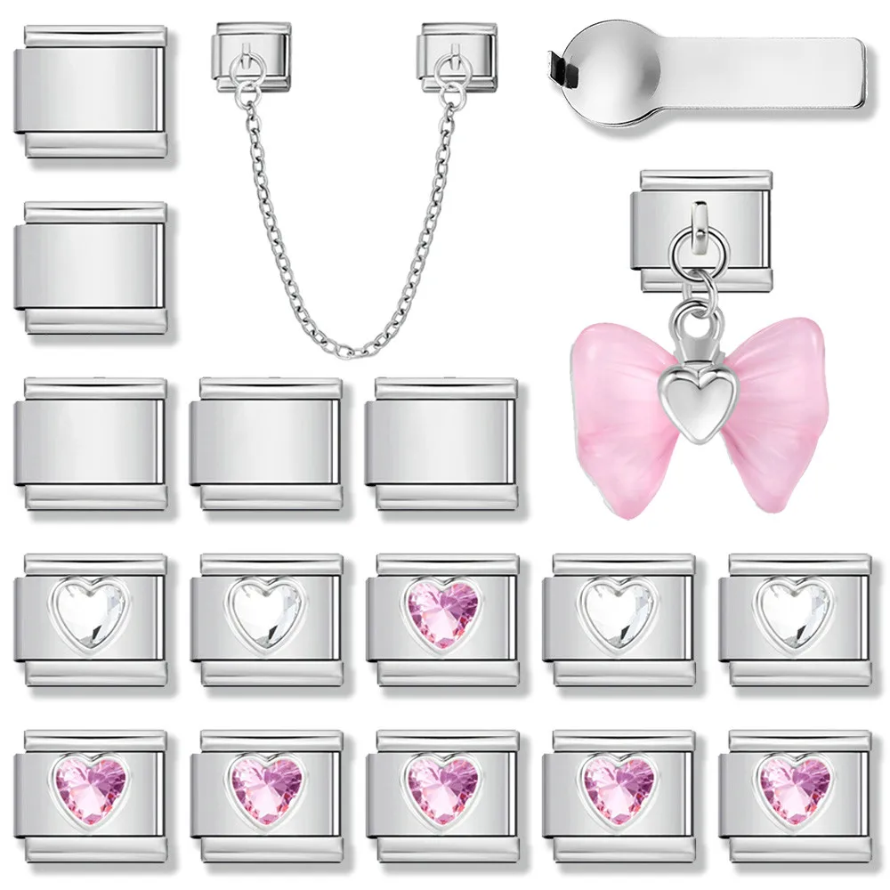 URING 9mm Italienisches Armband Herz-Element Werkzeug-Kombinationsset 18-teilig Valentinstag Geschenke DIY Edelstahl Charm Schmuck