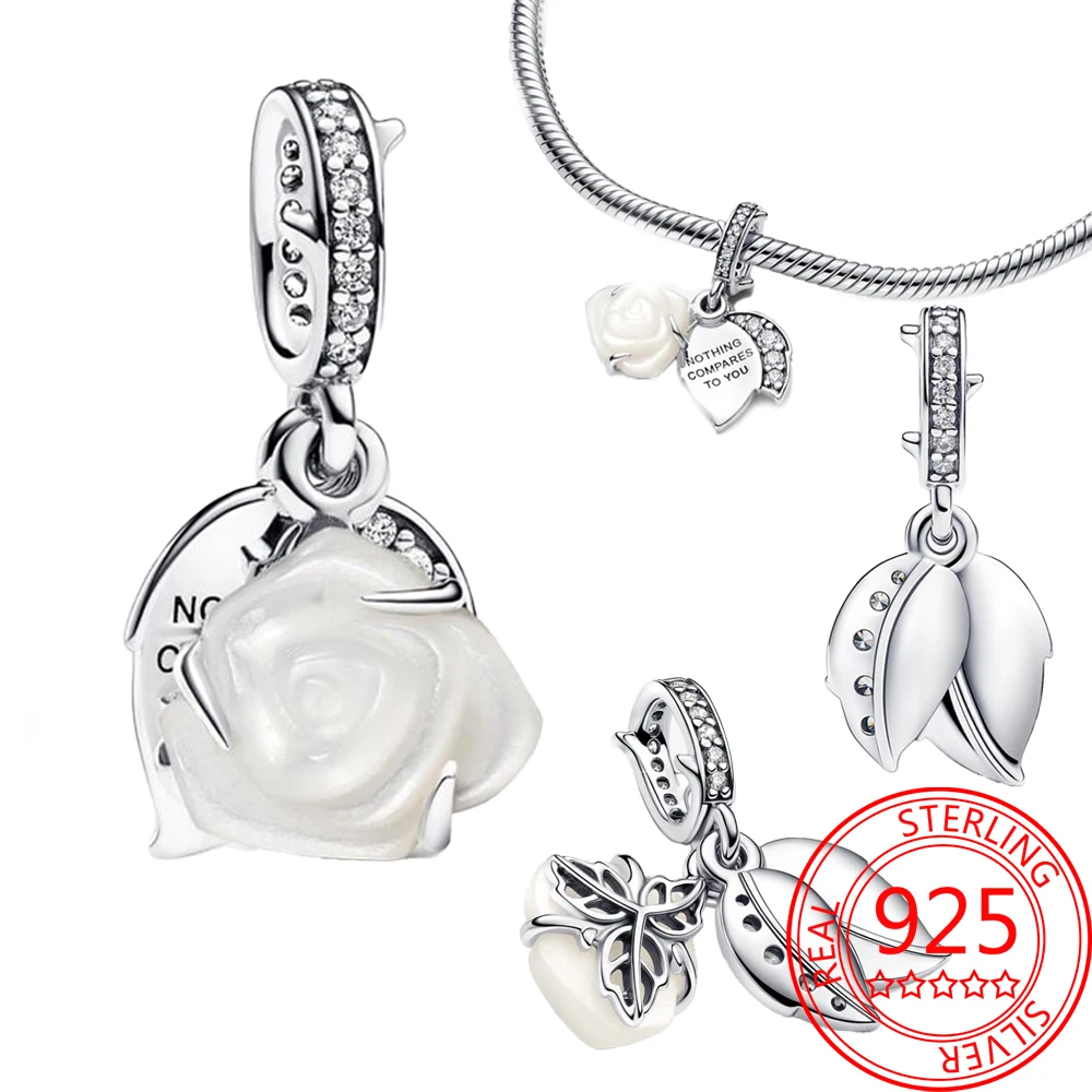 

Beautiful 925 Sterling Silver White Rose in Bloom Double Dangle Charm Fit Pandora Bracelet White Collar with Accessories Gifts