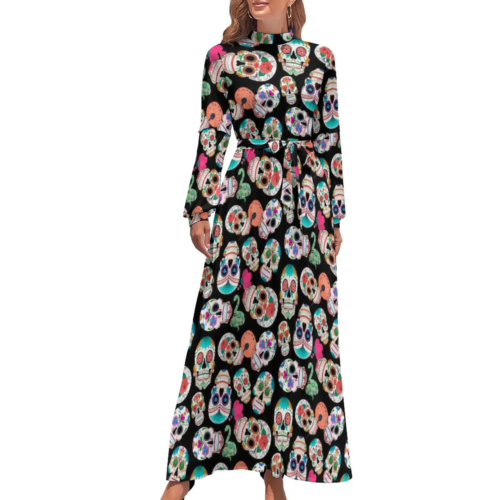 

Trendy Floral Skull Dress Colorful Sugar Skulls Trendy Design Maxi Dress High Waist Long Sleeve Aesthetic Beach Long Dresses