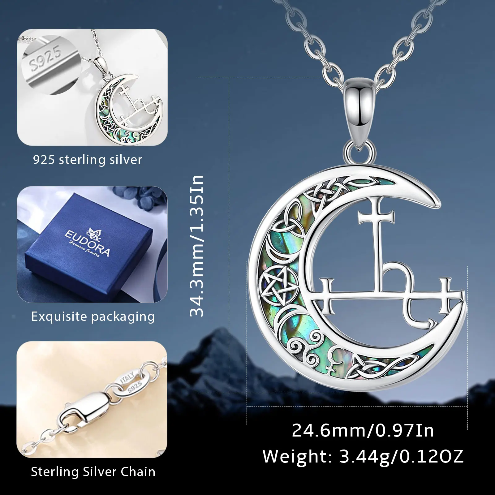 Eudora 925 Sterling Silver Lilith Moon Necklace for Women Man Natural abalone shell Witch Knot Pendant Personality Jewelry Gift