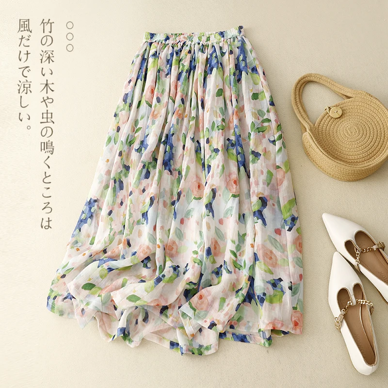 

Limiguyue Summer 2023 Women Floral Print Midi Skirt Elastic Waist Cotton and Linen Skirts Lining Literary All Match Soft U758