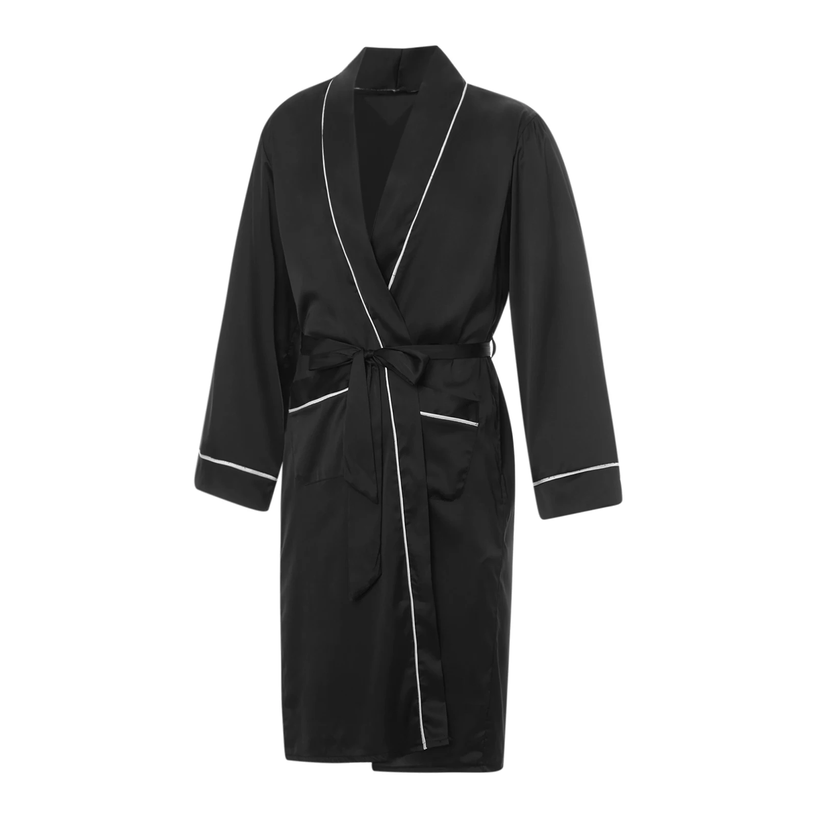 Men Satin Bathrobe with Belt Adults Contrast Color Long Sleeve V-neck Night Robe with Pockets S/M/L/XL satin couple robes