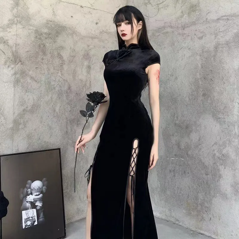 Chinese Dress Modern Cheongsam Chinese Qipao Dress Gothic Style Sexy Slit Vintage Oriental For Women Dance Performance