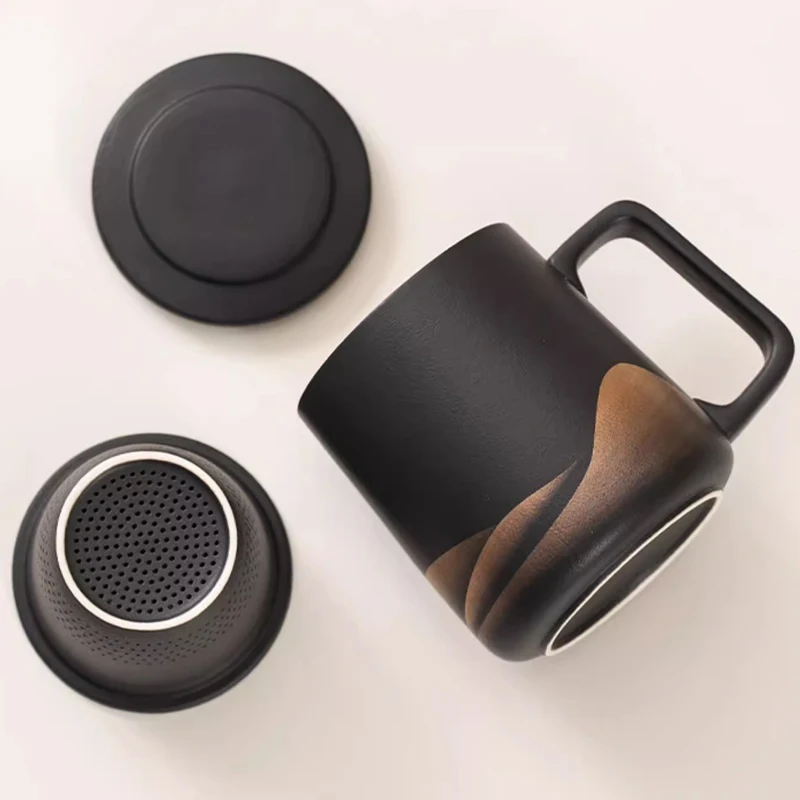 Creative Ceramic Gradient Color Tea Cup, with Cover, Chinese Style Office Supplies, Handle, Tea Water Filter Separation Mug, 1Pc