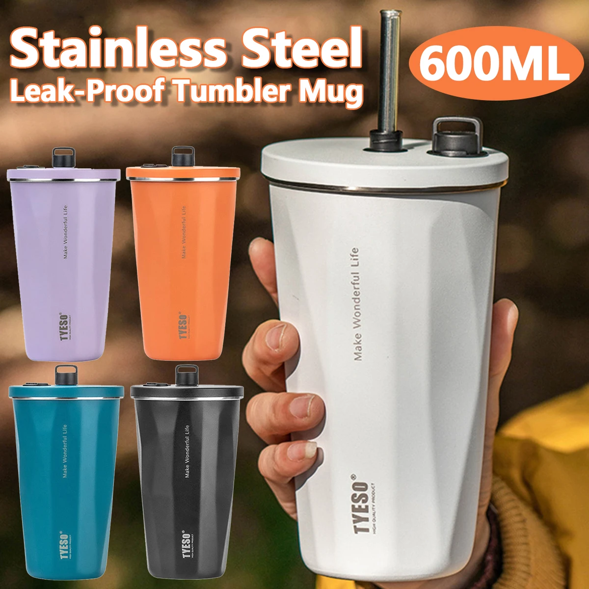 600ml Stainless Steel Vacuum Flask with Retractable Straw Leak-Proof Coffee  Tea Cold Drink Bottle Car Thermos Mug Tumbler