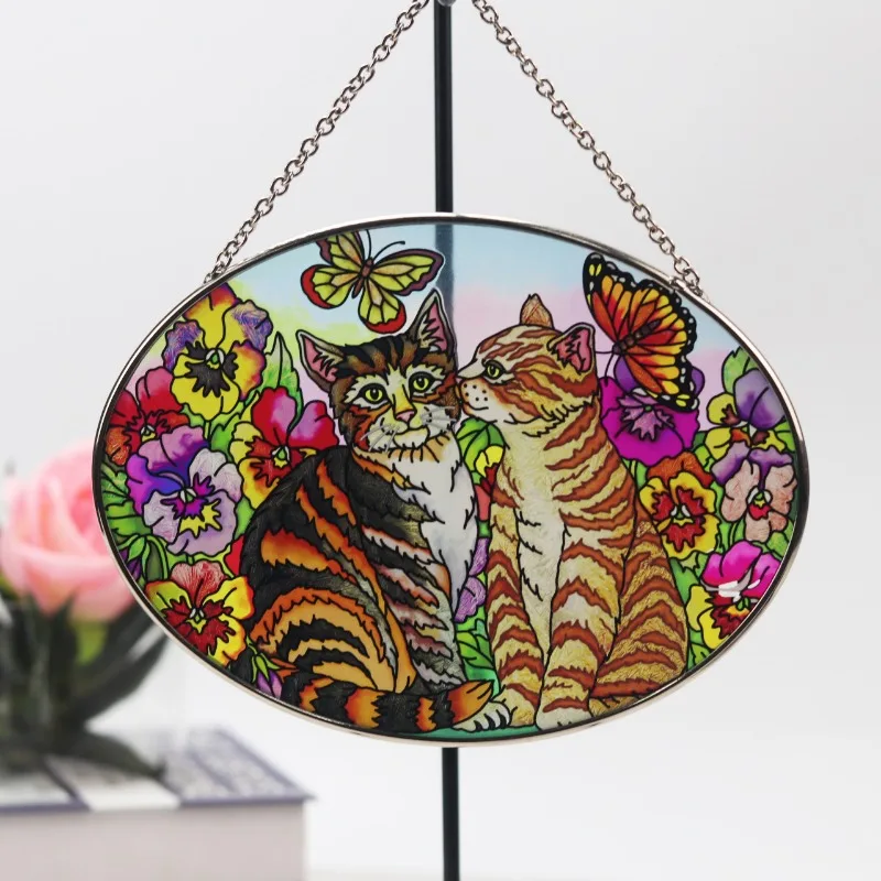 

Creative Colored Drawing of Two Cat Glass Craft Pendant Living Room Decoration