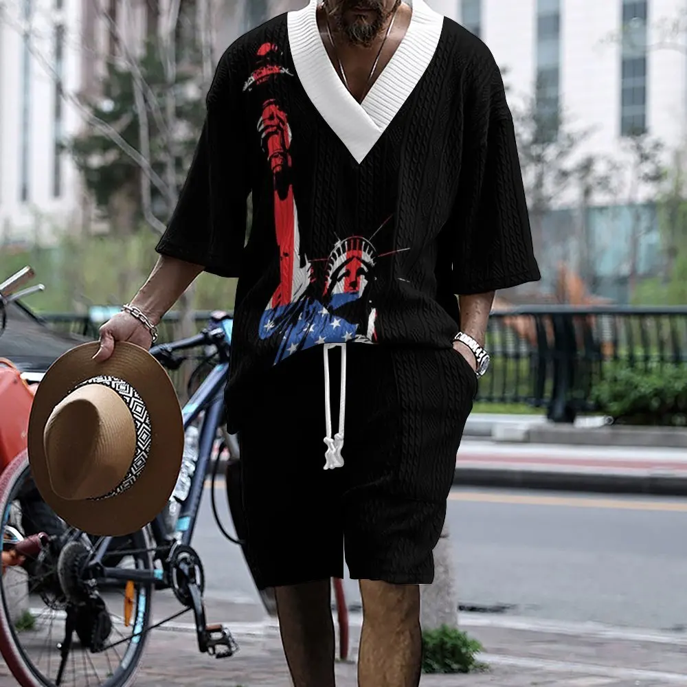 

2024 Men's Trendy Printing Casual Set Men's Summer Loose Short sleeved Shorts V-neck Dynamic Set Two piece Set for Men