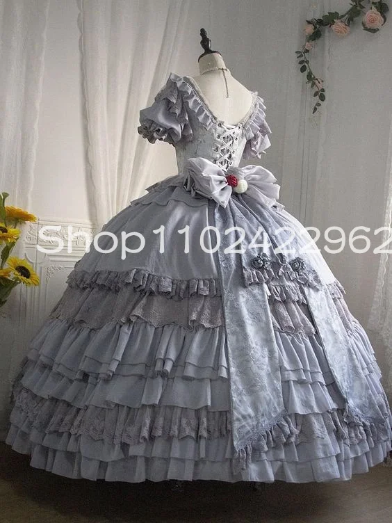 Silver Grey Lolita Rococo Princess Prom Dresses Off Shoulder Lace-up Corset Bustle Puffy Tiered skirt  victoiran evening gown