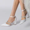 Thick Heel Lady Satin Evening Dress Shoes Pointed Toe with Crystal Strap Middle Ankle Strap Bridal Wedding Party Cocktail Lady 1