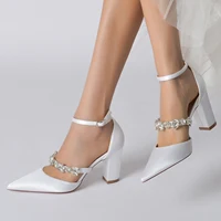 Thick Heel Lady Satin Evening Dress Shoes Pointed Toe with Crystal Strap Middle Ankle Strap Bridal Wedding Party Cocktail Lady 1