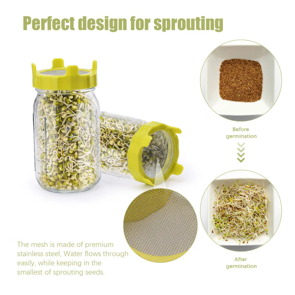Plastic Sprouting Lid with Stainless Steel Screen Mesh Cover Cap for 86mm Wide Mouth Mason Sprout Jars Germination Strainer