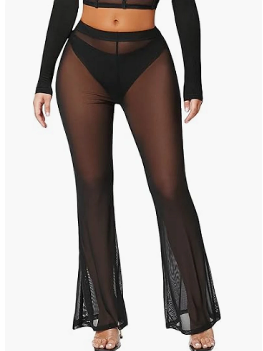 Frauen Rüschen Sheer Mesh Hosen Durchsichtig Bikini Bottom Badeanzug Cover up Breite Bein Strand Hosen Clubwear – Detail 9