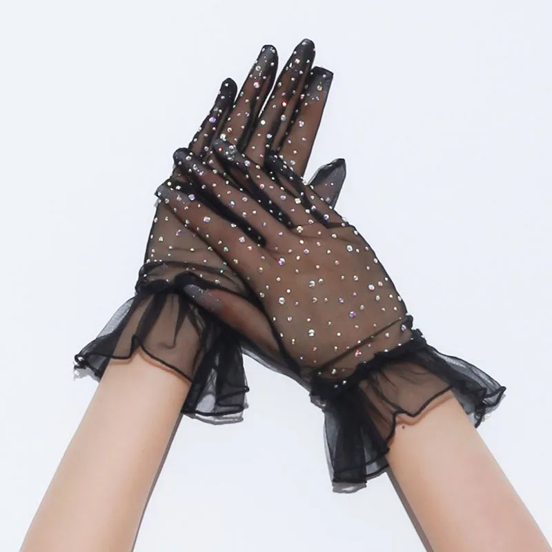 Women Sexy Lace Wrist Mesh Flash Diamond Thin Transparent Short Gloves Club Nightclub Party Cosplay Performance Accessories