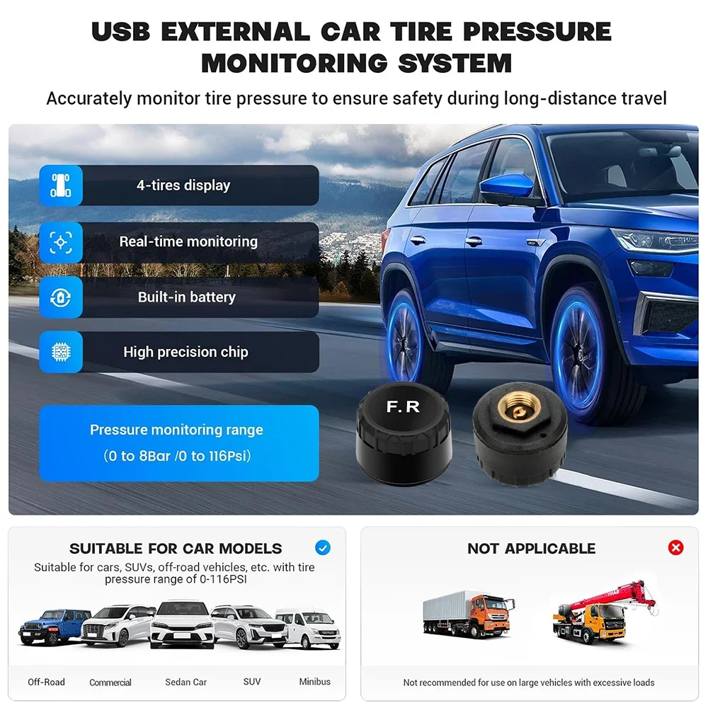 Android TPMS Spare Tyre External Sensor Tire Pressure Monitoring System USB TPMS for Car Navigation Radio DVD Player Detection