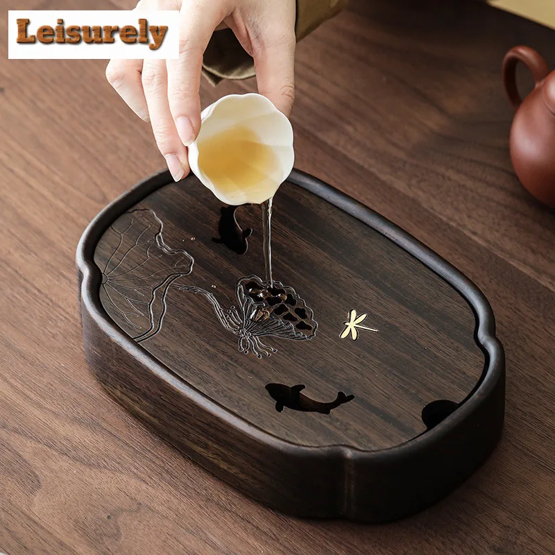 Fish Play Lotus Pond Tea Tray Walnut Wood Water Storage Drainage Dry Soaking Platform Solid Wood Pot Bearing Holder Tea Table
