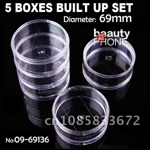 

SET OF 5 BUILT UP BOXES, round clear accessory storage box for diy home work nail art jewelry beads crafts organizer container