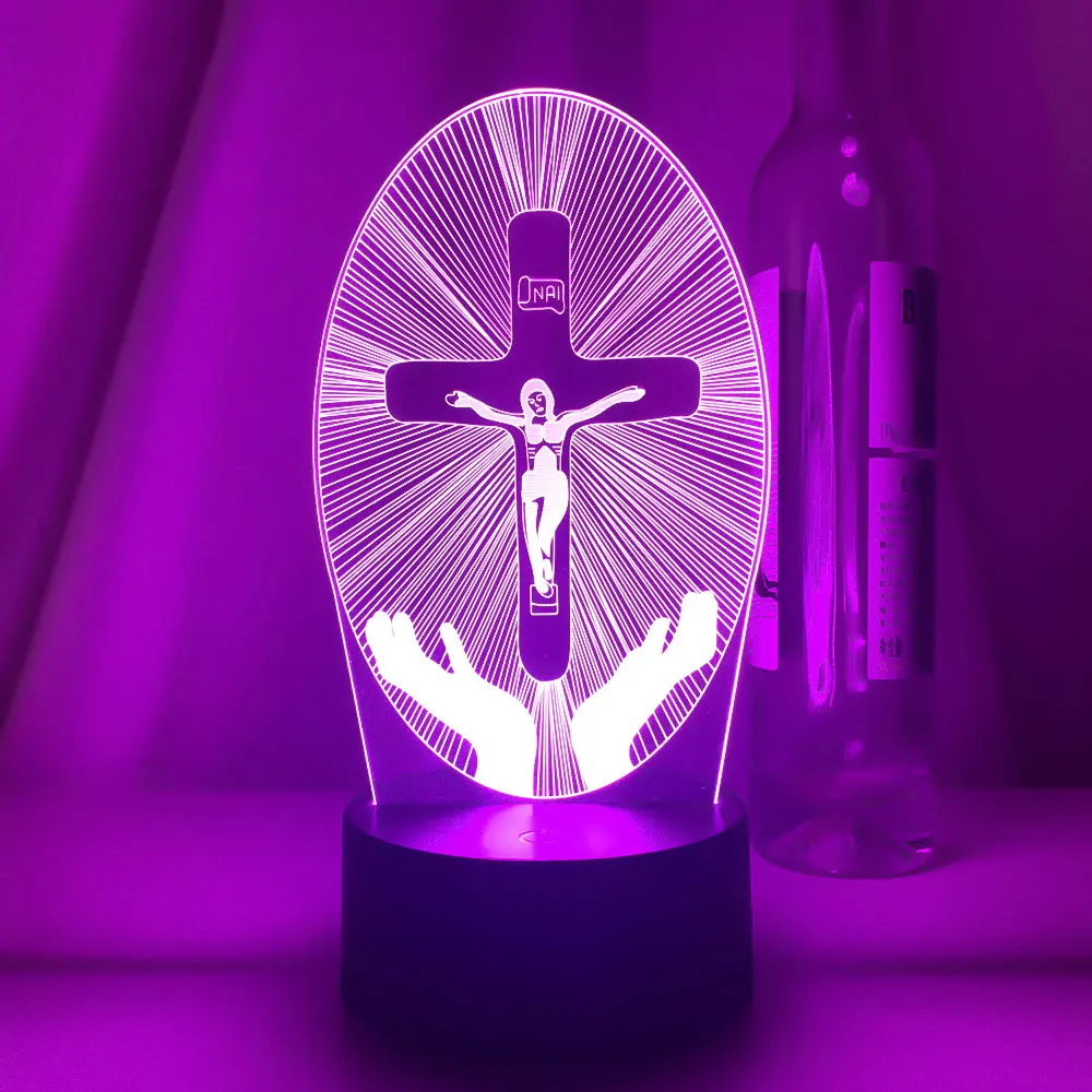 

Jesus Cross 3D LED Night Light for Friends Xmas Easter Room Decor Gifts Crucifix Optical Illusion Religion Desk Table Lamp Night