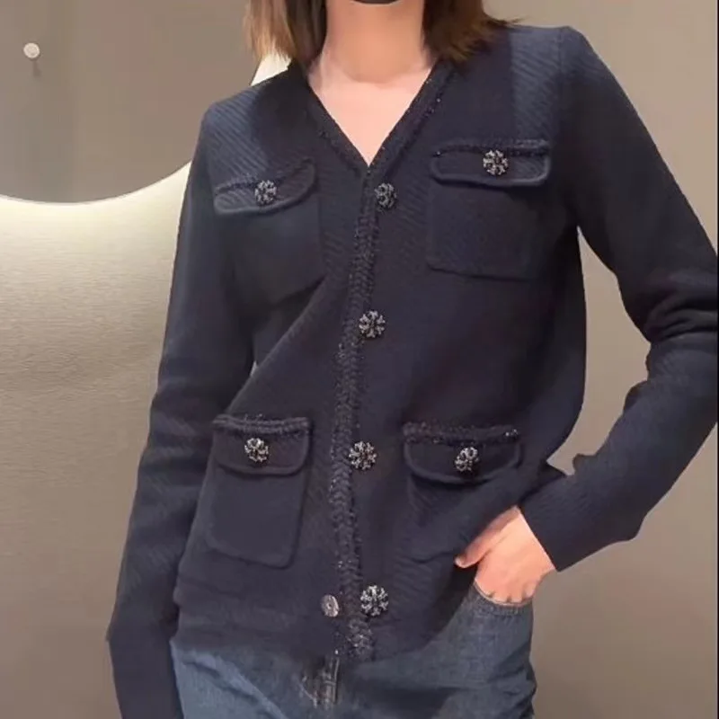 

Women's Elegant Single Breasted Pockets Rhinestones Buttons Knitted Cardigan Coat Or Shorts