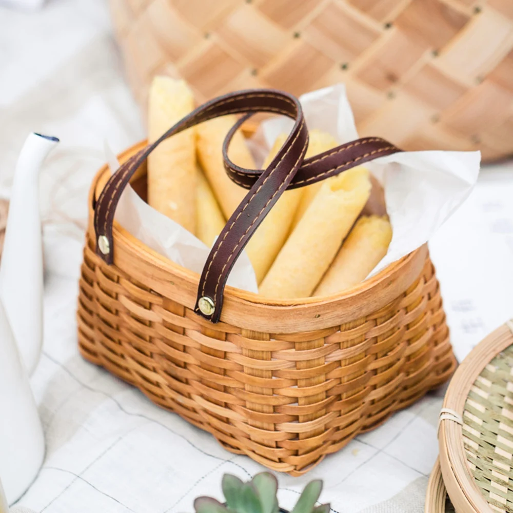 Woven Picnic Basket Multipurpose Totes Gifts Baskets Bamboo Chip Storage Basket With Handle Food Sundry Container Organizer 5