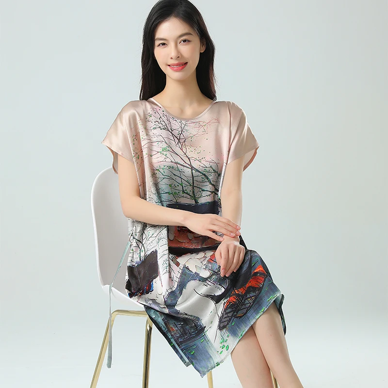 19 مللي متر 100% التوت الحرير فستان منامة النوم المنزل ثوب النوم المرأة فضفاضة حجم كبير قصيرة الأكمام الصيف 40-80 كجم