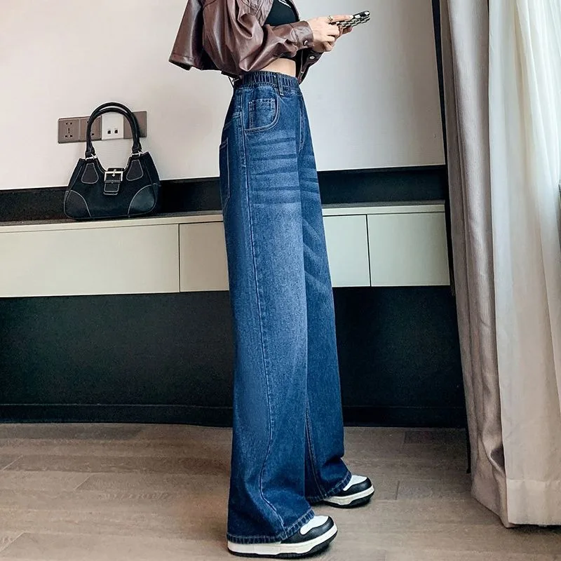 New 2023 Spring Autumn Denim Pants Loose Tight High Waist Wide Leg Straight Trousers Student Plus Size Women 200kg Wearable