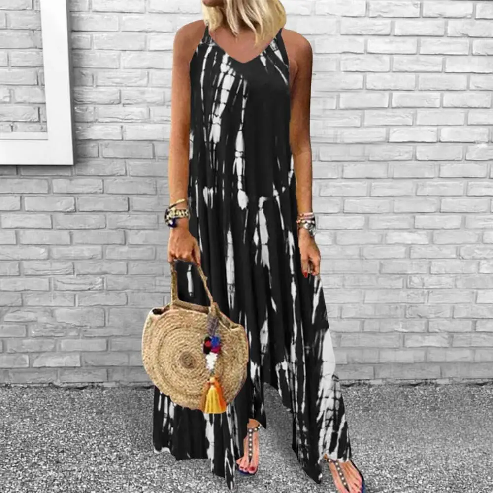 

Summer Slip Dress Irregular Tie-dye Split Backless Sleeveless Color Matching Side Pockets Loose Ankle Length Vacation Beach Maxi