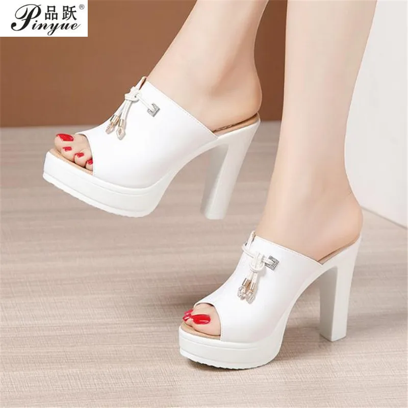 

10cm Plus Size 32-43 Open Head Block Heel Shoes Summer Slippers Woman High Heels Slides Women Office Shoe Platform Slippers