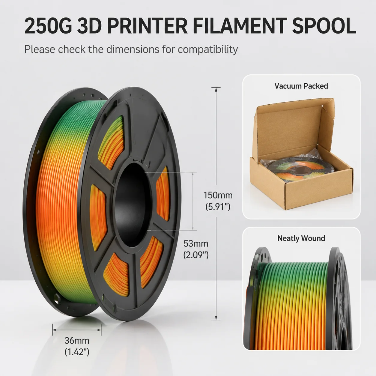 1.75mm 열변색 PLA 필라멘트 250g, 녹색-주황색-노란색/보라색-파란색 변색, FDM 3D 프린터용 ±0.02mm 정밀도