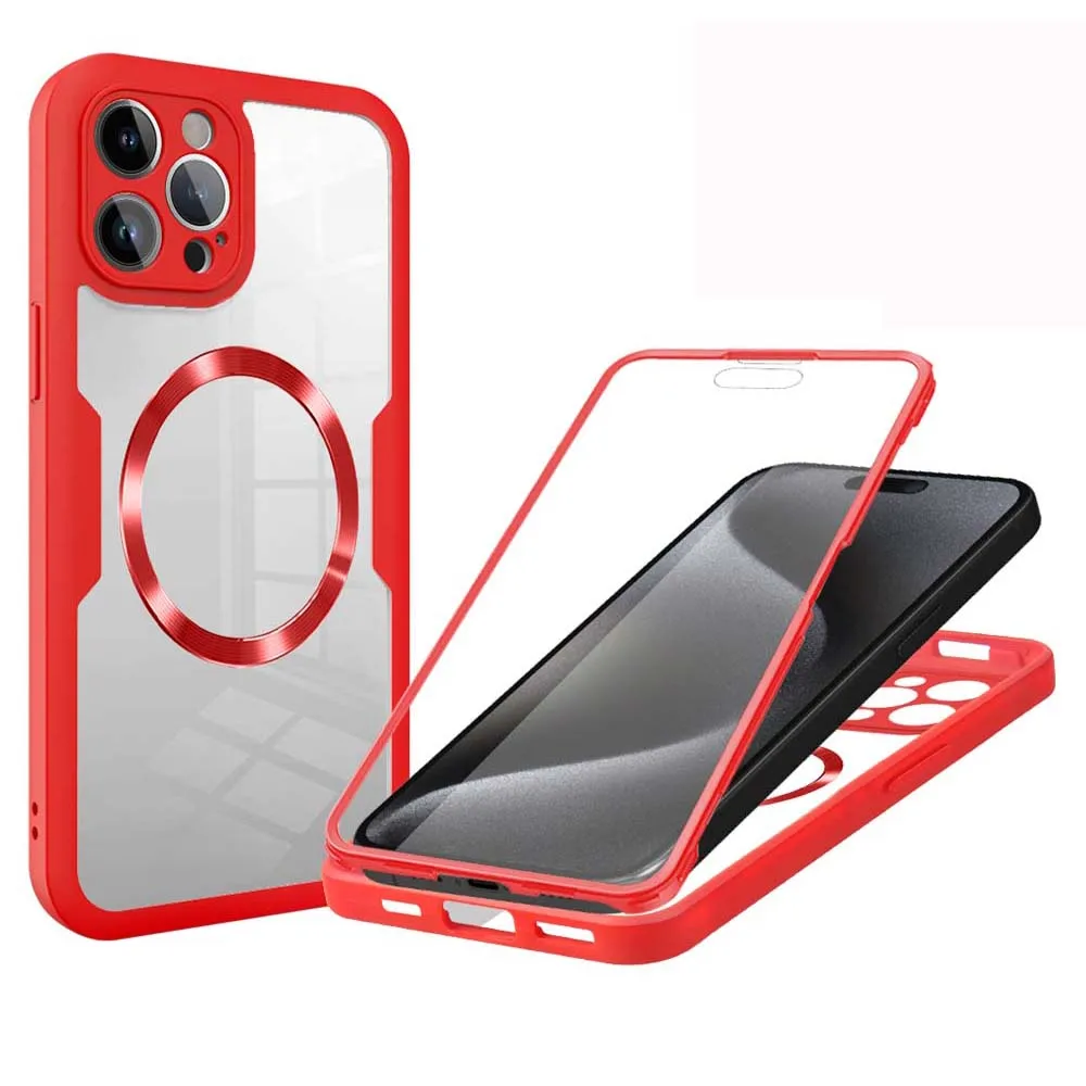 Funda transparente con protección de pantalla completa 360 para iPhone 14 15 Pro Max 11 12 13Pro 14Plus 15Plus, cubierta magnética para montaje en coche
