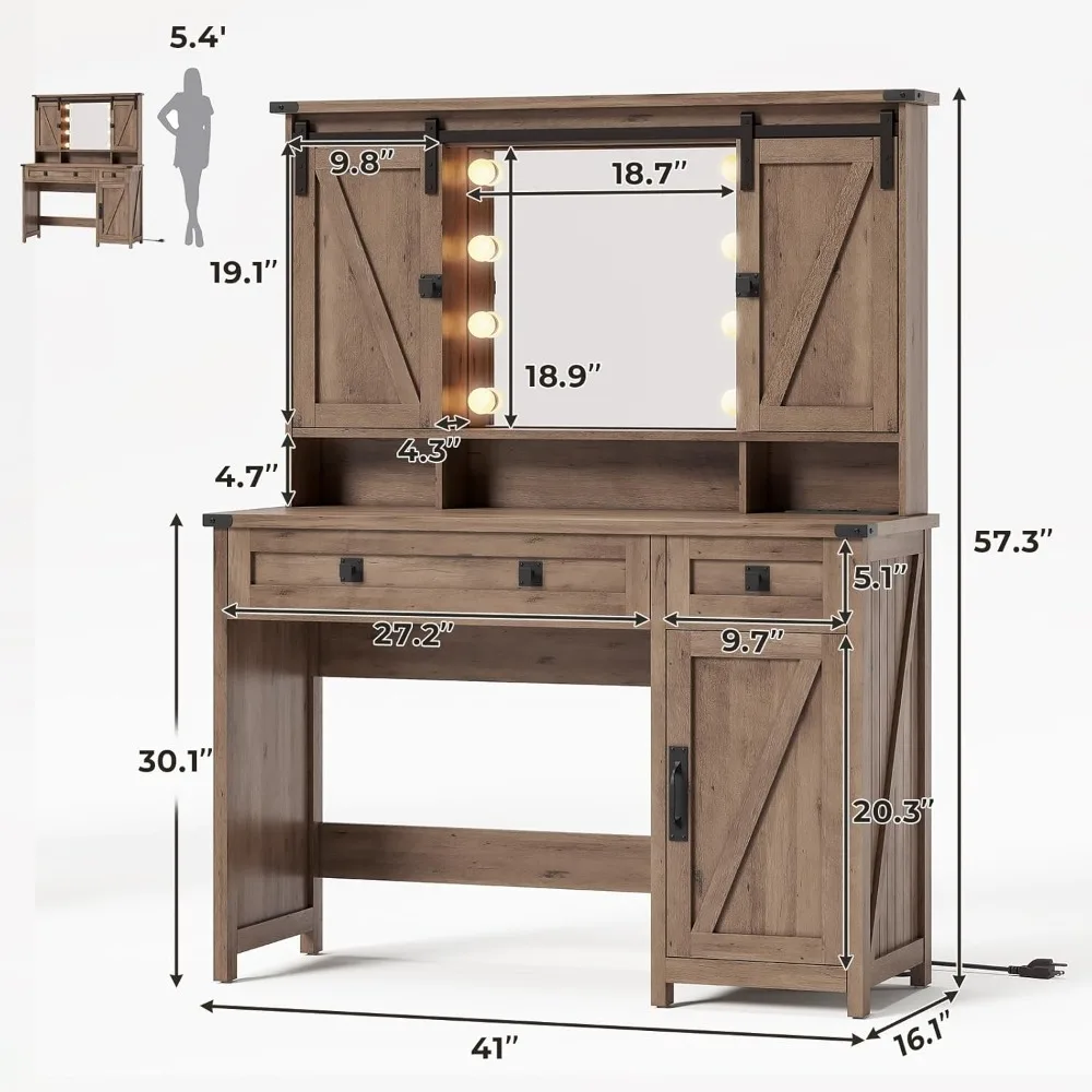 Farmhouse Vanity Desk with Mirror and Lights,41" Sliding Door Makeup Vanity with Charging Station,Large Vanity Table with Drawer 2