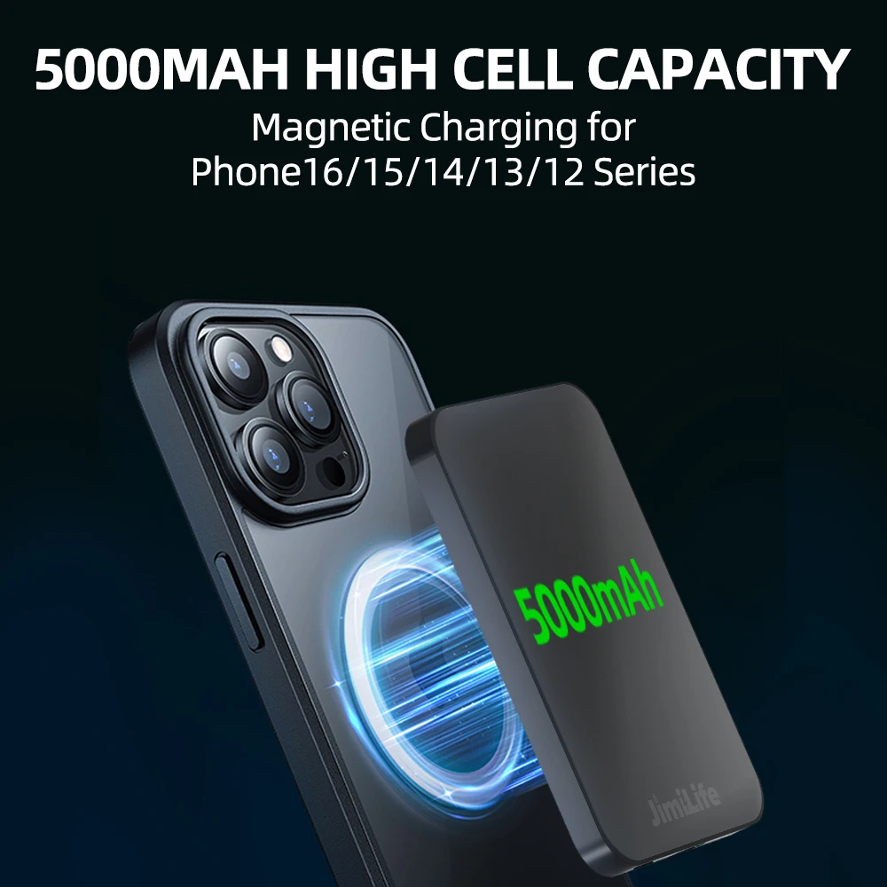 자석 휴대용 충전기 5000mAh: 0.3인치 초슬림, 딱 맞는 디자인. 무선, 아이폰 16/15/14/13/12 시리즈 호환, 블랙.