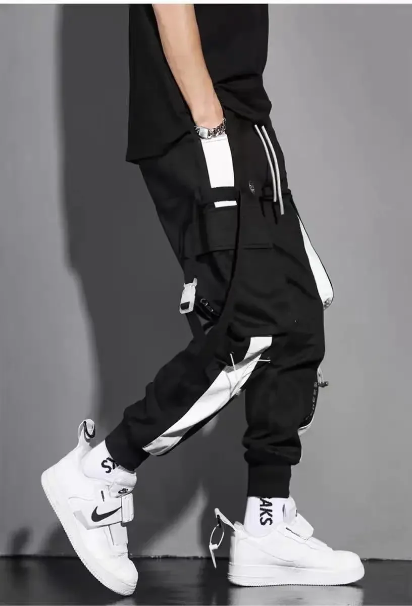 Classic Streetwear Casual Men Ribbons Harem Jogging Pants Male Slim Fit Spring Cargo Pants Multi-Pockets Women Trousers K94 3