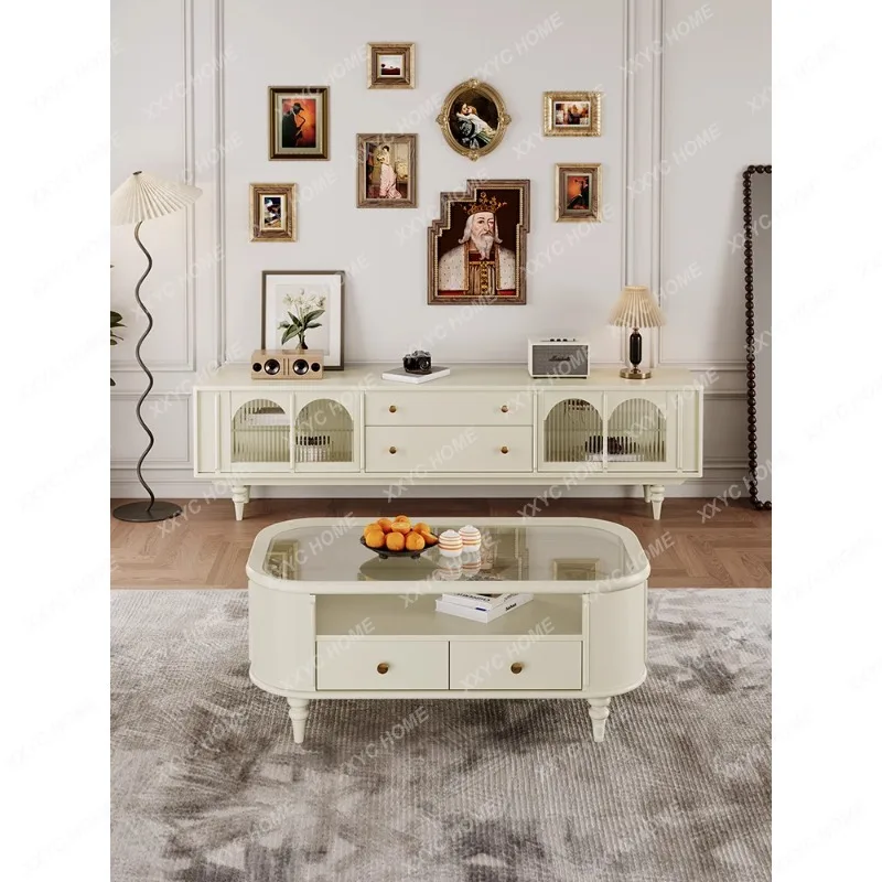 

French White Retro Solid Wood Coffee Table TV Cabinet Combination