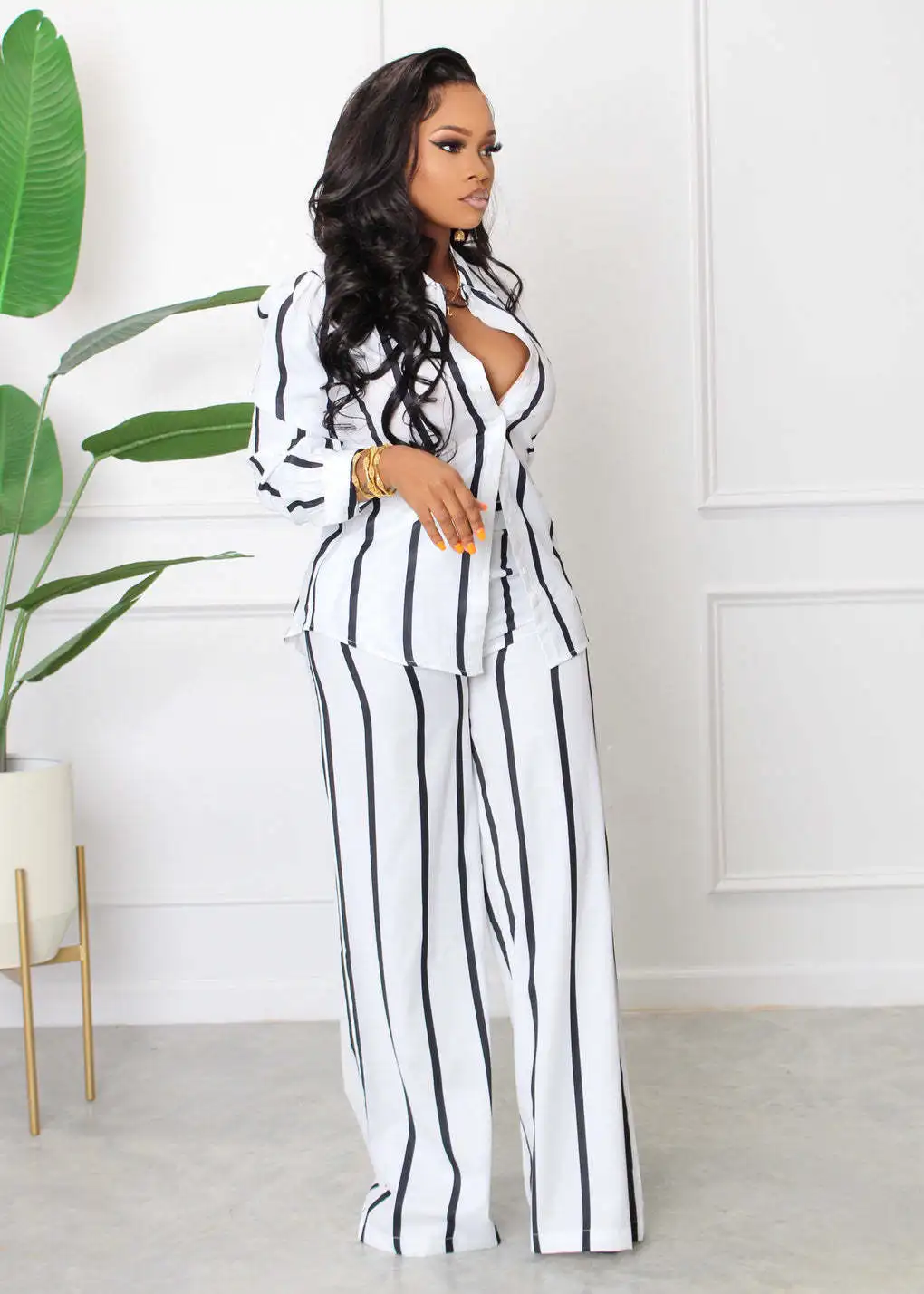 2023 Women's Autumn And Winter  Sexy Striped Printed Long-Sleeved Shirt Trousers Two-Piece Women Office Wear Set Wide Leg Pants
